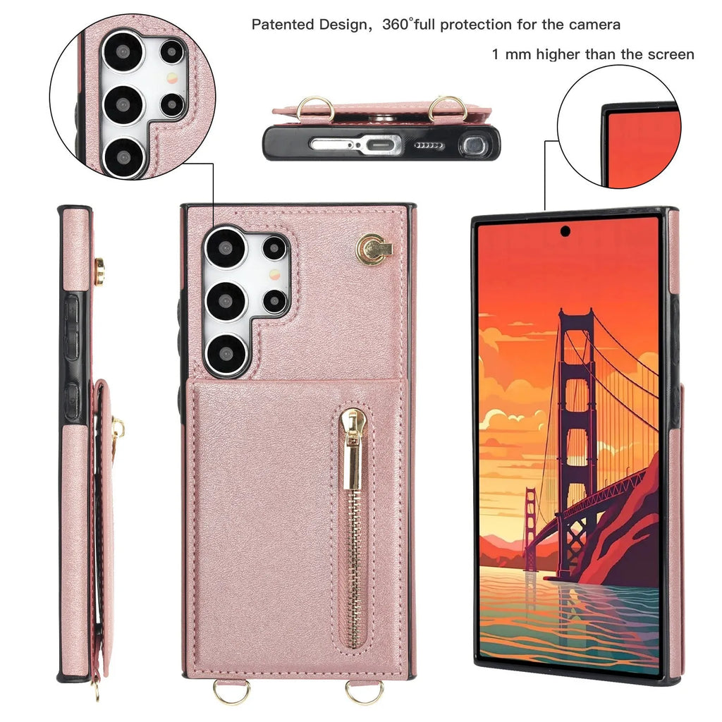 Samsung phone case with card slot and kickstand in black PU leather