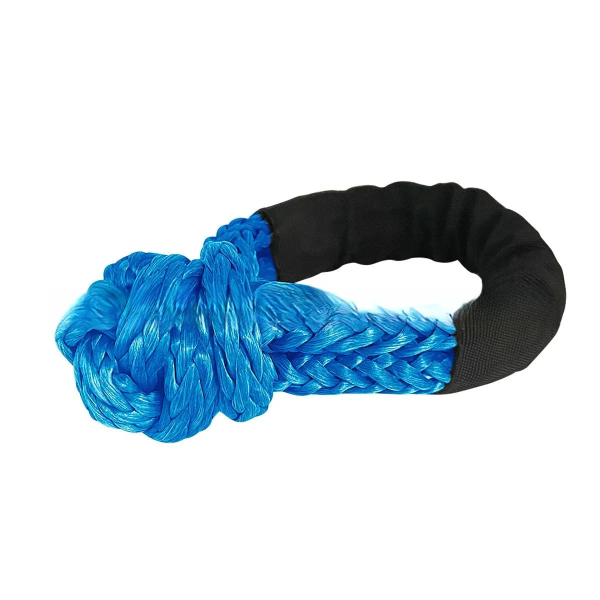 Colourful polymer soft shackle trailer rope for off-road vehicle recovery with 17-tonne load rating.