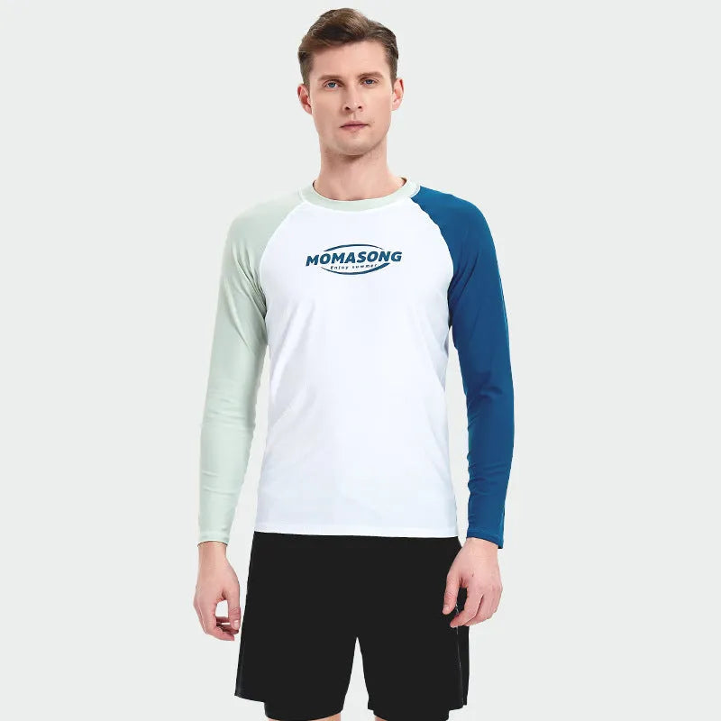 Men's white long-sleeved swim top and matching blue swim trunks set for beach sports