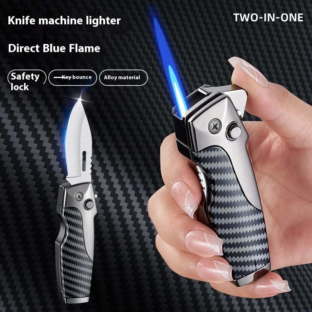 Zinc alloy metal folding knife lighter in a wood grain finish, showing both the closed tool and the unfolded blade.