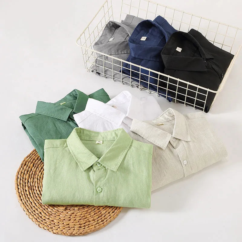 Linen long sleeve cardigan shirt in Chinese style loose fit, solid colour