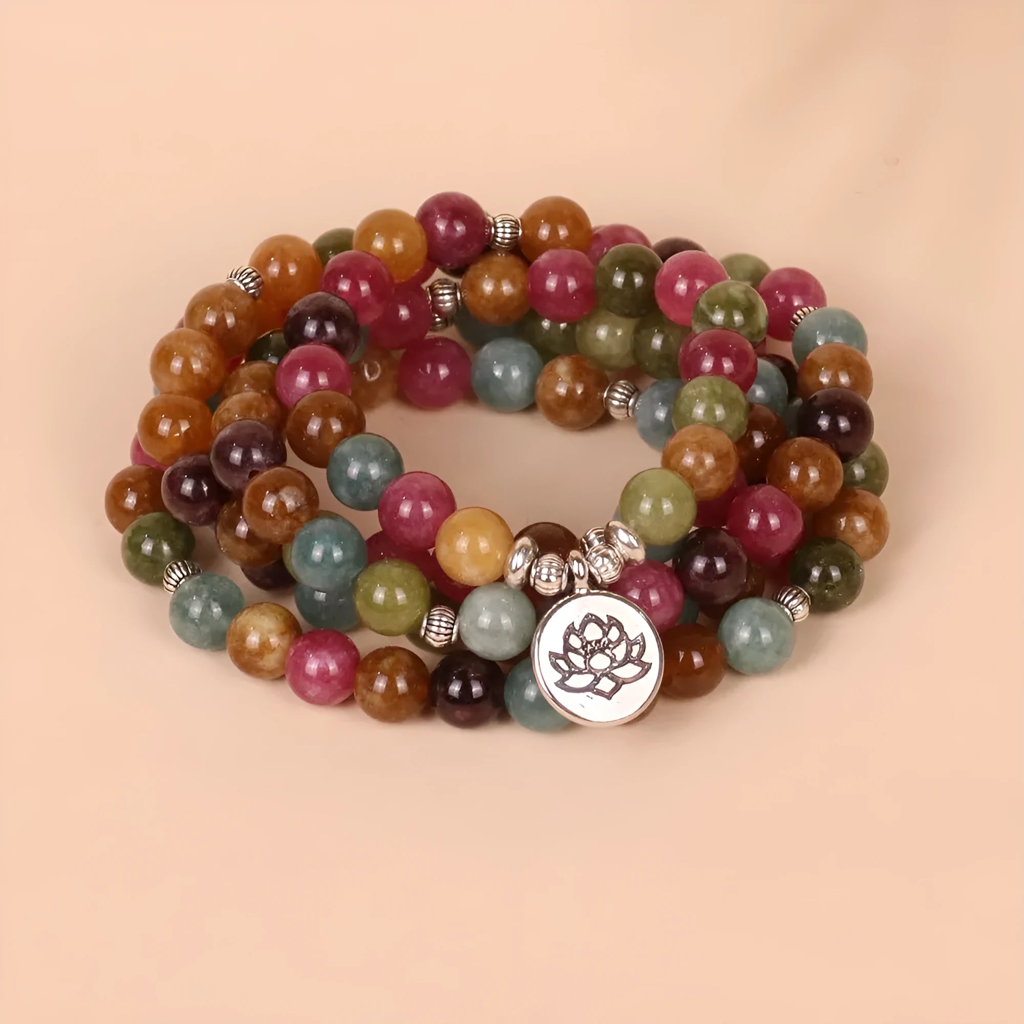 Lotus multi-layer bracelet with 108 alloy beads in tourmaline colour on adjustable string