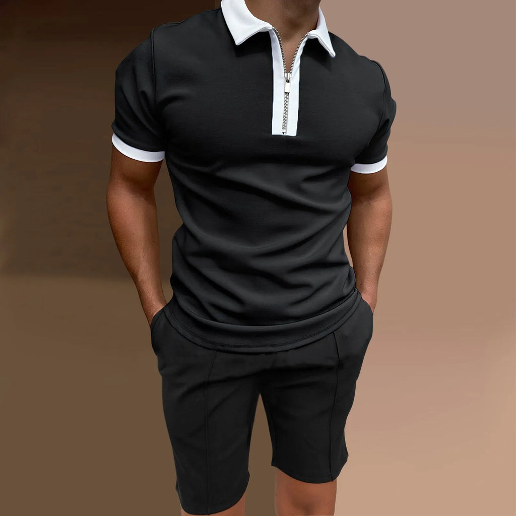 Men's casual printed polyester two-piece set showing short sleeve top and matching shorts