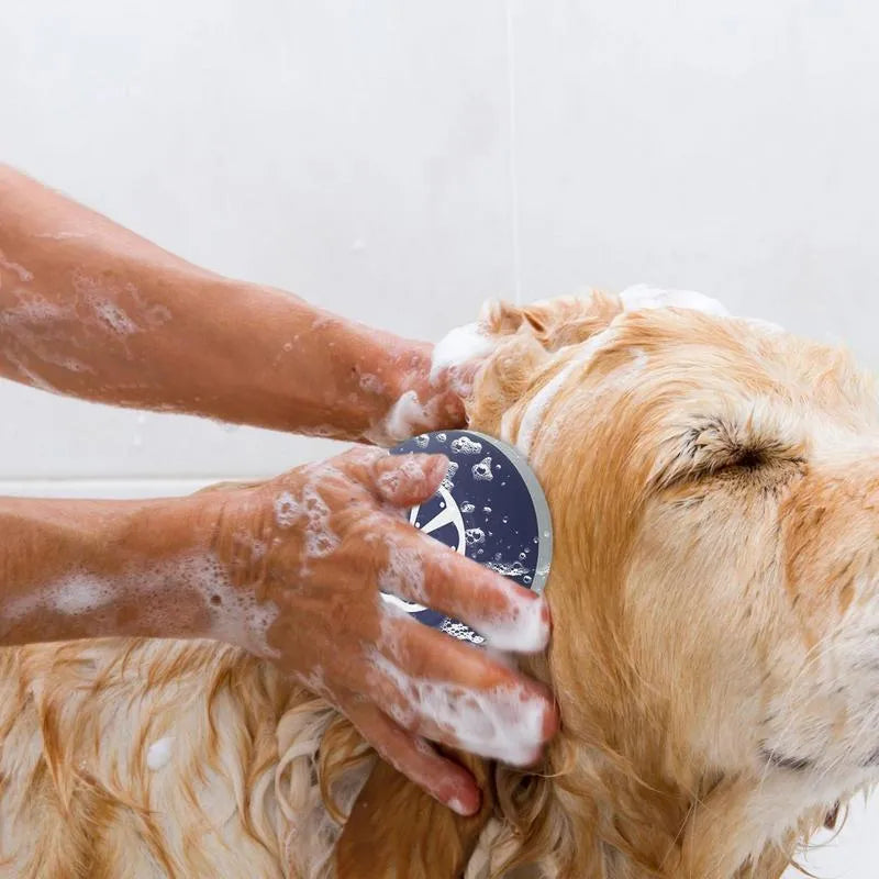 3-in-1 dog shampoo brush with silicone bristles and massage points for pet bathing