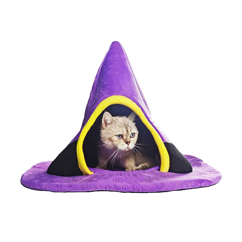 Purple witch hat shaped soft cloth cat bed for indoor use, measuring 60cm by 45cm.