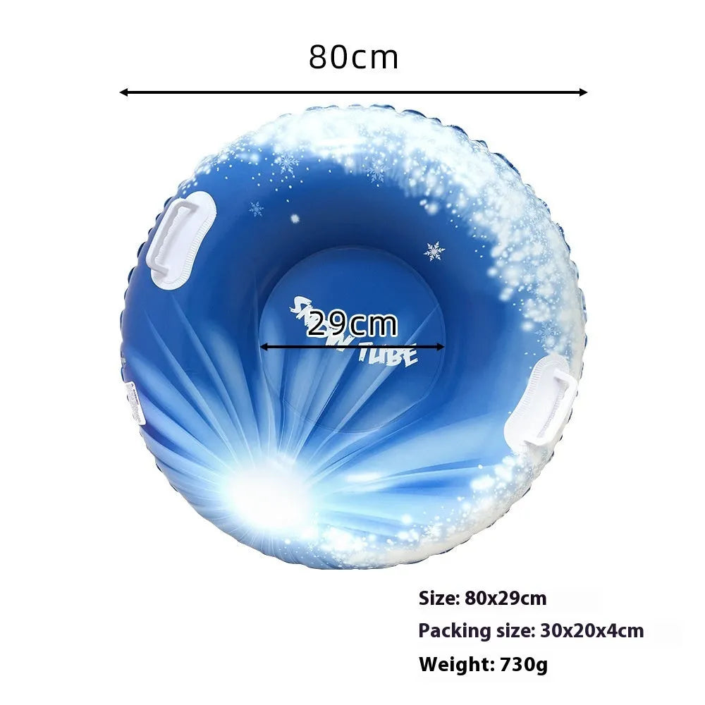 Colourful PVC ski ring toy for outdoor winter snow play, shown in red, blue, and mountain print options.