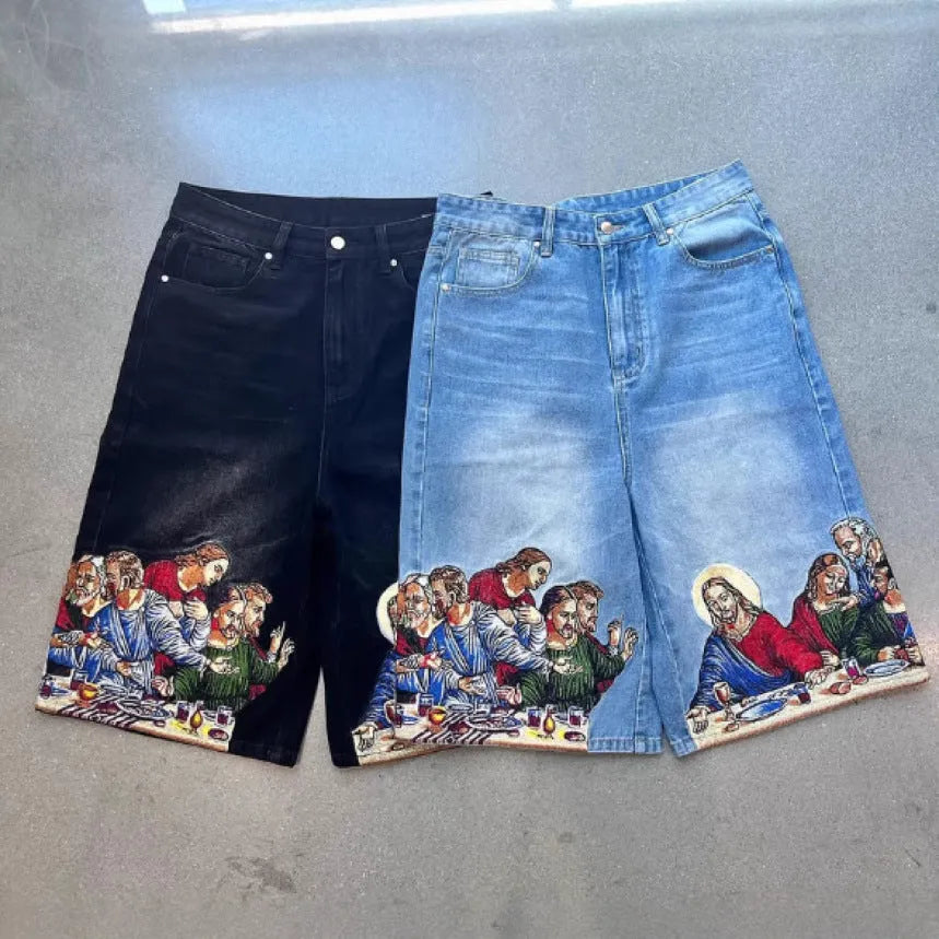 Men's blue cotton shorts with Jesus print on back pocket showing tapered leg design