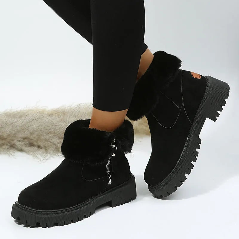 Women's cotton-lined snow boots with side zipper and non-slip sole in black, khaki, and light brown