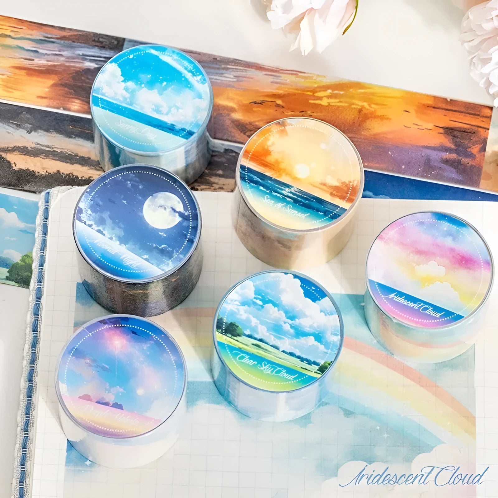 Set of six rolls of Japanese paper sky theme decorative washi tape in various colour designs.