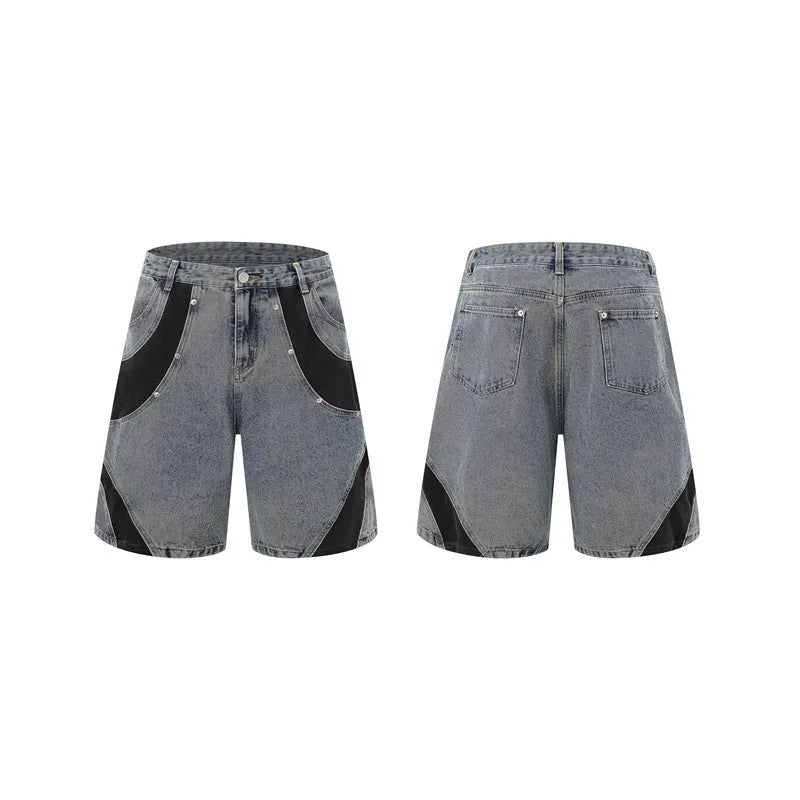 Retro washed denim suit with short sleeve jacket and matching trousers in black and blue colour options