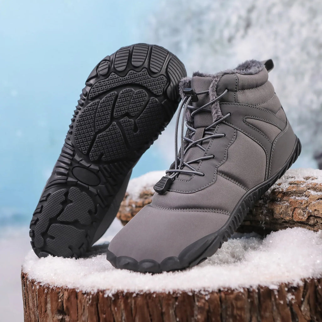 Beige and grey five-finger waterproof fleece-lined snow boots with rubber hiking outsoles.