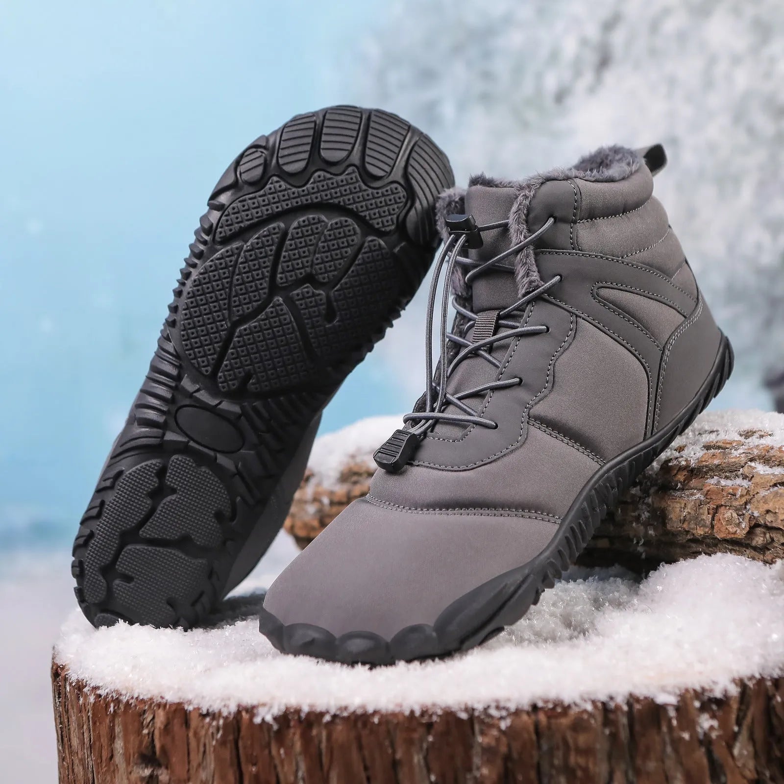 Beige and grey five-finger waterproof fleece-lined snow boots with rubber hiking outsoles.