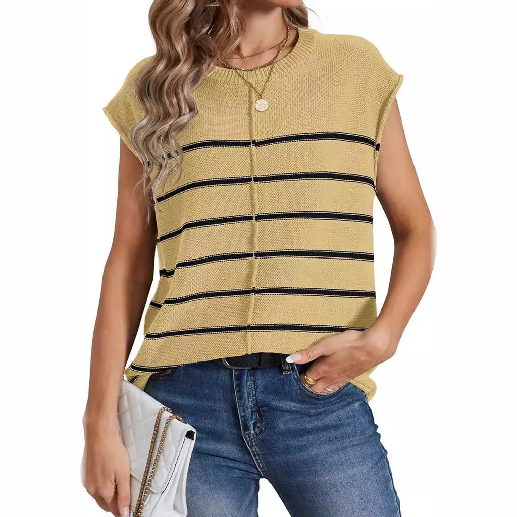 Women's striped sleeveless pullover vest with bone stitching in multiple colour options