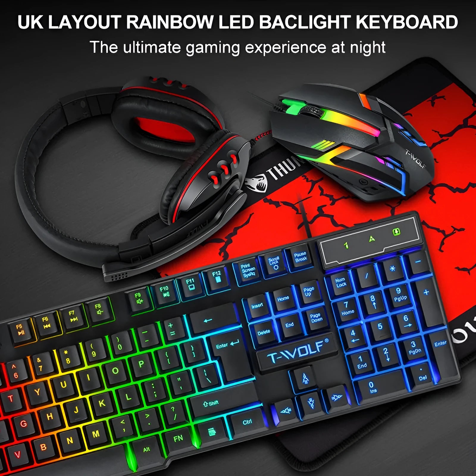 Thunder Wolf T800 four-piece gaming set with luminous keyboard, mouse, headset and mouse pad