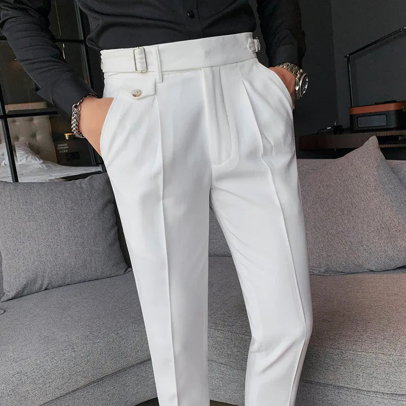 Men's straight-leg casual trousers in black polyester on a plain background.