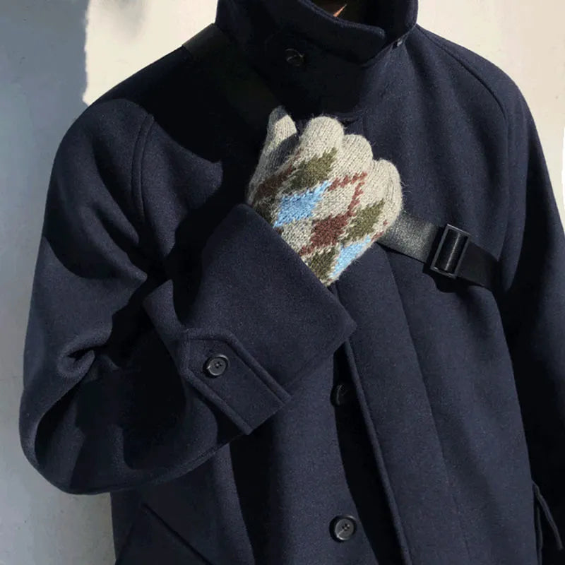 Plus-size women's British style woolen cloth trench coat in blue, slim fit, size M to 2XL