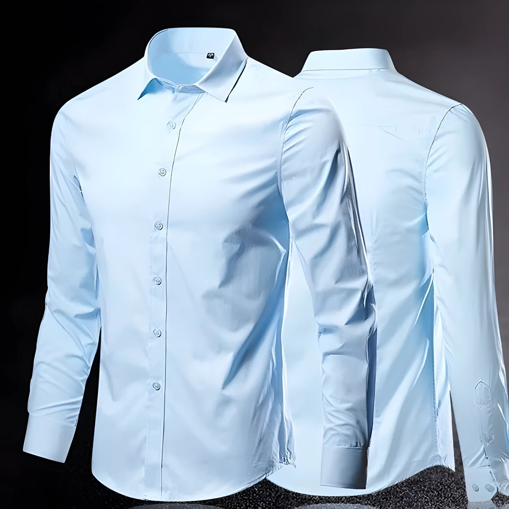 Man wearing a slim fit long sleeve linen blend shirt in a solid colour, showcasing the casual style.