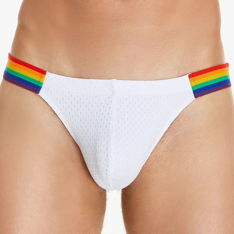 Men's low waist nylon mesh briefs with rainbow waistband in black, white and dark blue colour options