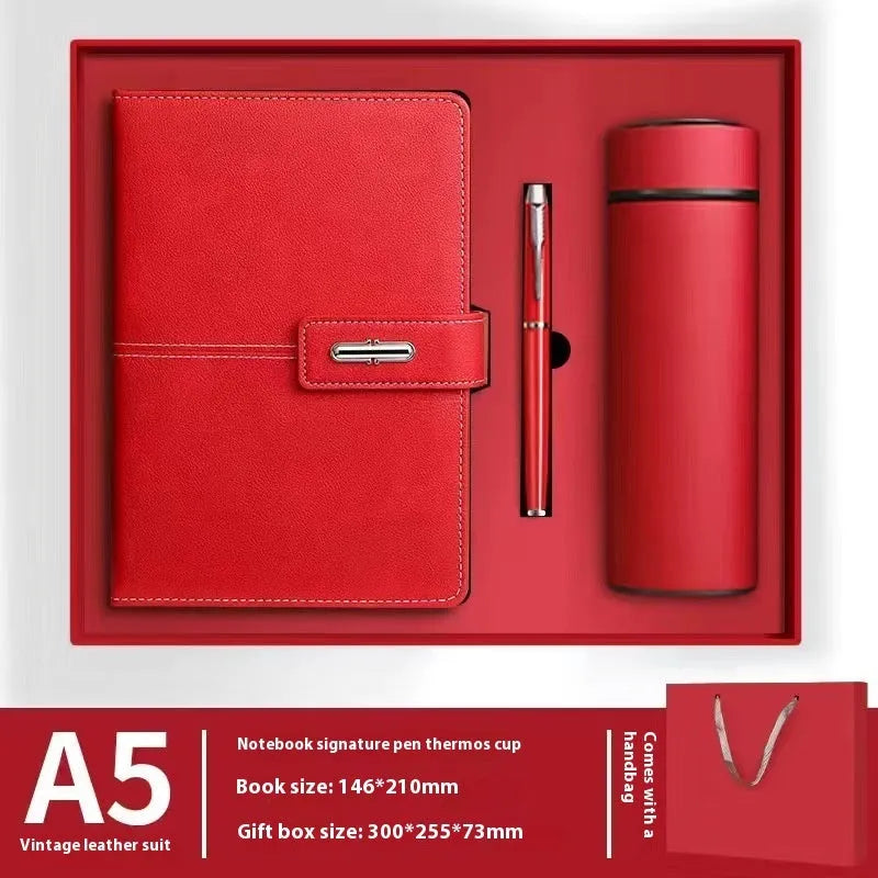 A5 size notebook with PU leather cover in various colours, showing wood-free paper inside.