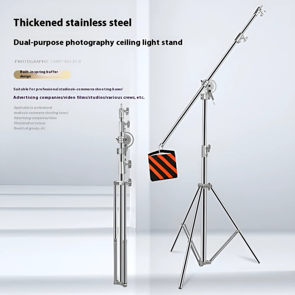 Silver stainless steel ceiling lamp rack extended to its full height with cross-arm design