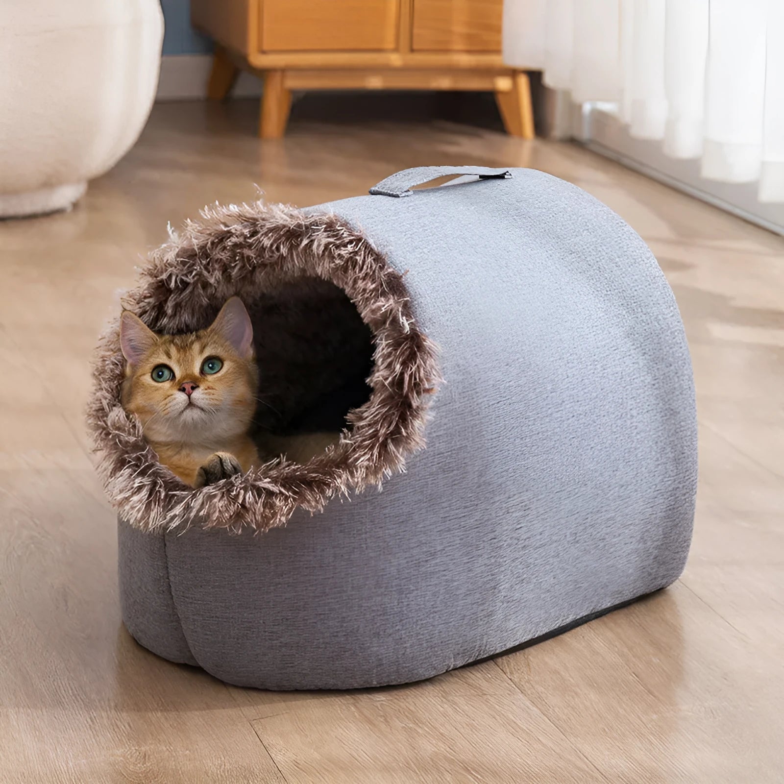 Fleece-lined closed cat nest sleeping bag in grey colour showing enclosed design