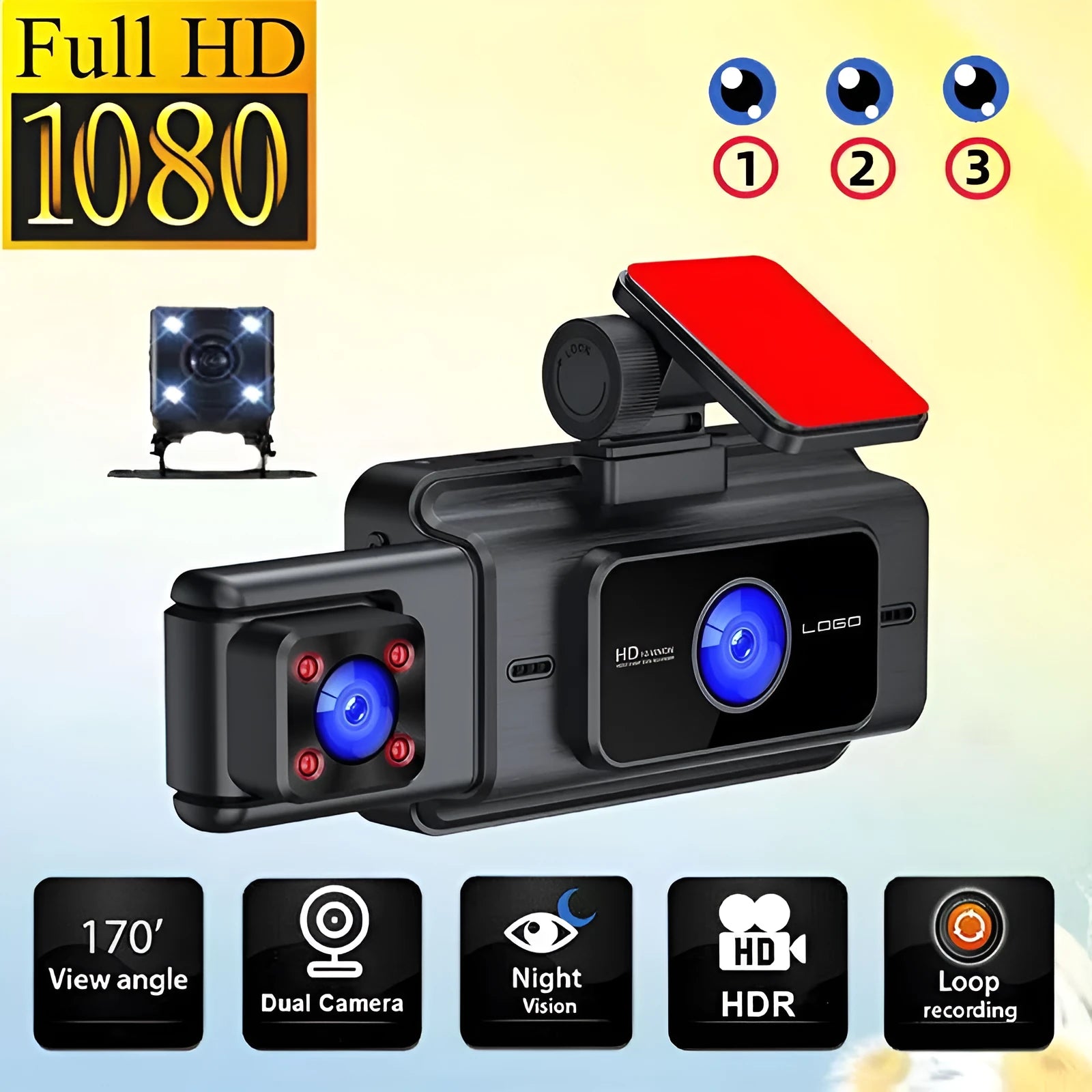 Black three-lens car dash cam for front windshield with 3.0-inch screen