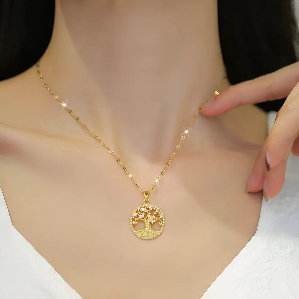Gold-plated rhinestone and zircon cross necklace with a white mother-of-pearl pendant on a stainless steel chain.