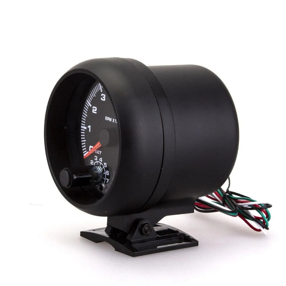 Automotive tachometer with blue pointer display measuring 95mm diameter for 12V vehicle installation