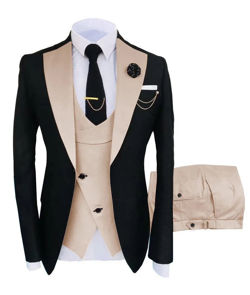 Men's slim fit cotton business suit set in black and wine red, featuring a coat, waistcoat, and trousers.