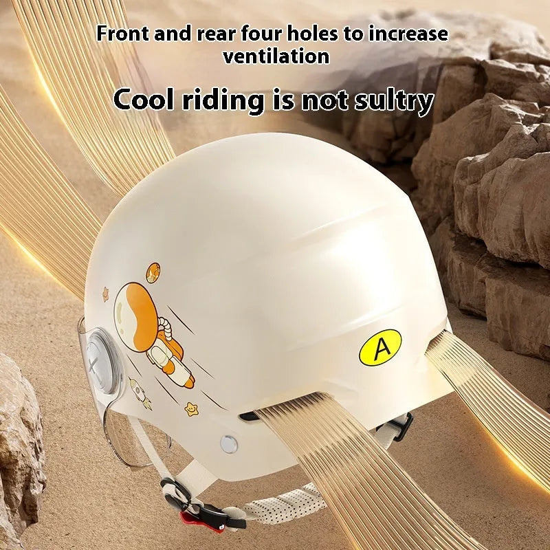 Electric motorcycle safety half helmet in khaki colour with mirrored lens showing free size adult fit