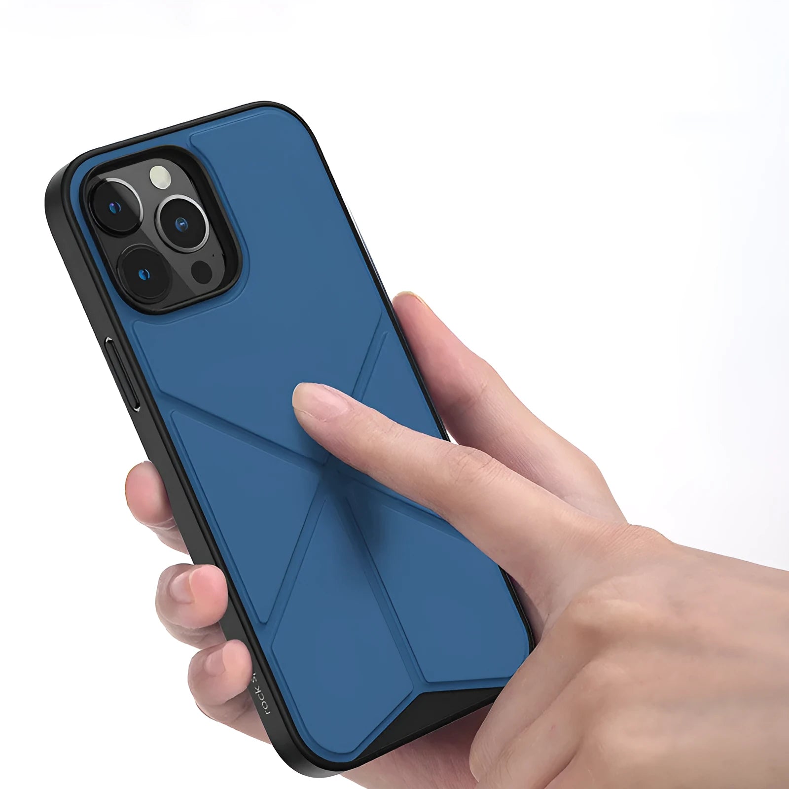 Black iPhone 13 Pro Max case with a built-in stand deployed on a table.