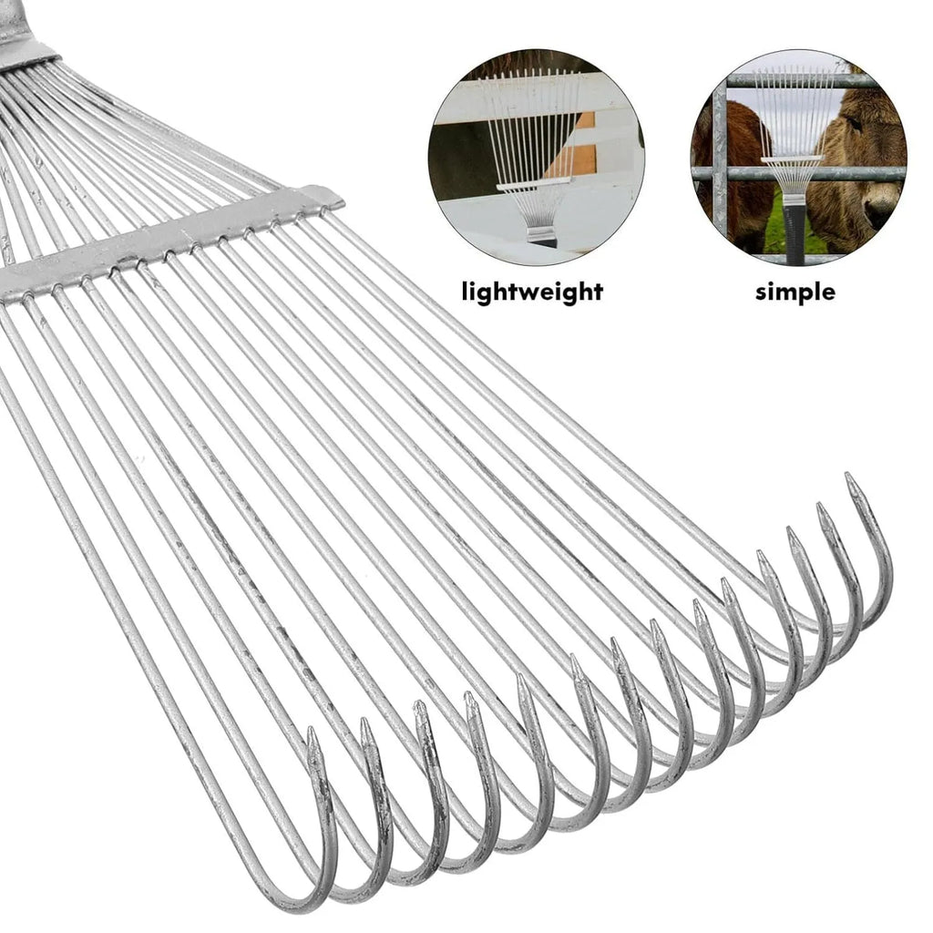 Black stainless steel animal grooming rake with curved teeth, 33 cm length