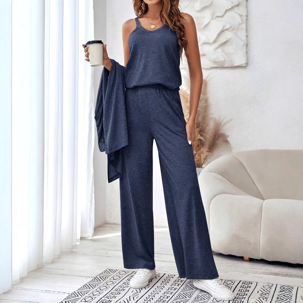 Blue women's three-piece casual suit with long cardigan, sling top and trousers in Japanese Korean style