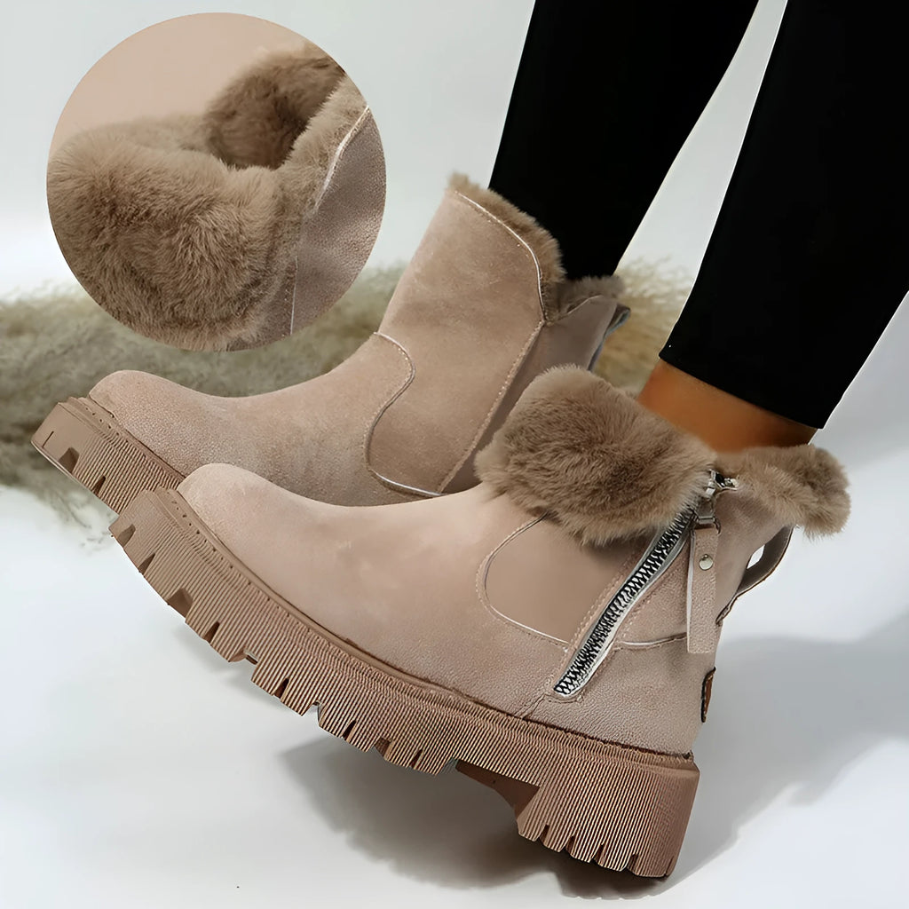 Black women's high-top snow boots with faux suede upper, side zipper, and thick plush lining.