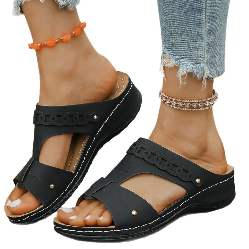 Slope heel Roman style slippers in multiple colours with fish mouth toe design