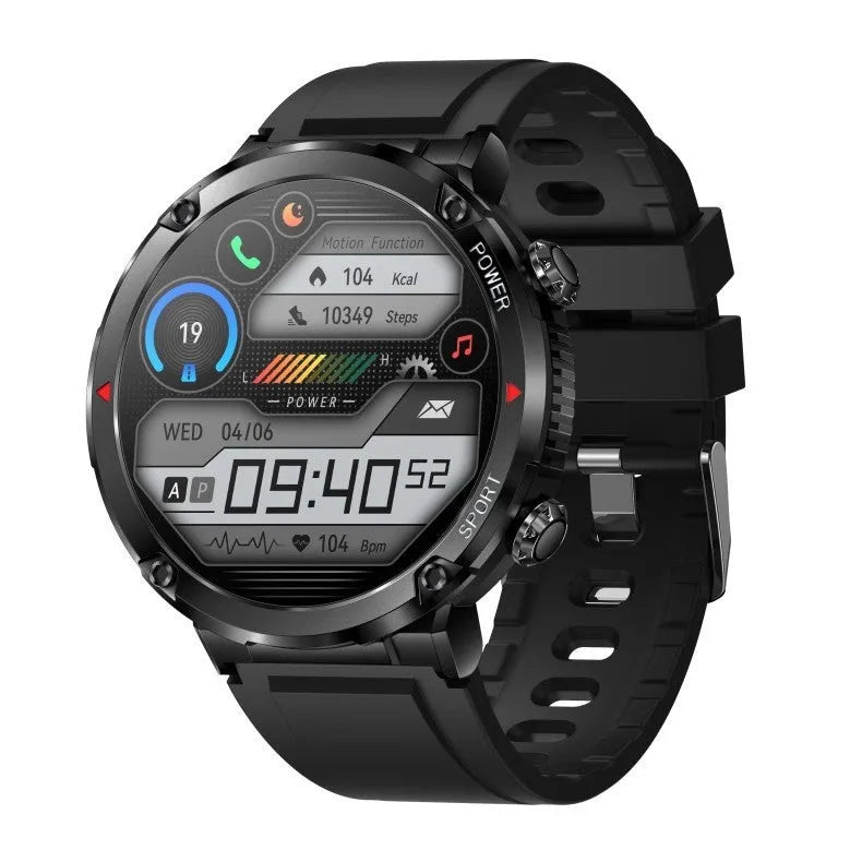 T30 Smart Watch with black silicone strap showing 52mm IPS touch screen displaying time and heart rate.