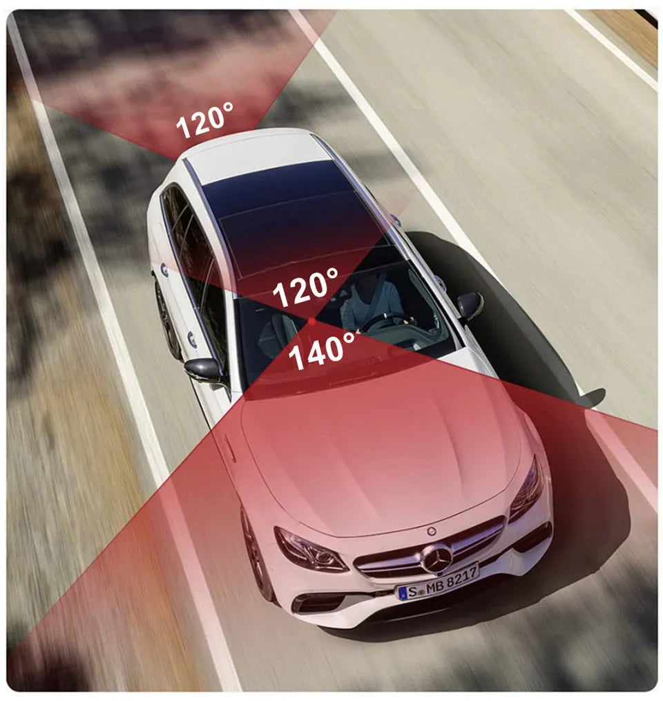 Black three-lens car dash cam with touch screen for 1080p HD vehicle recording