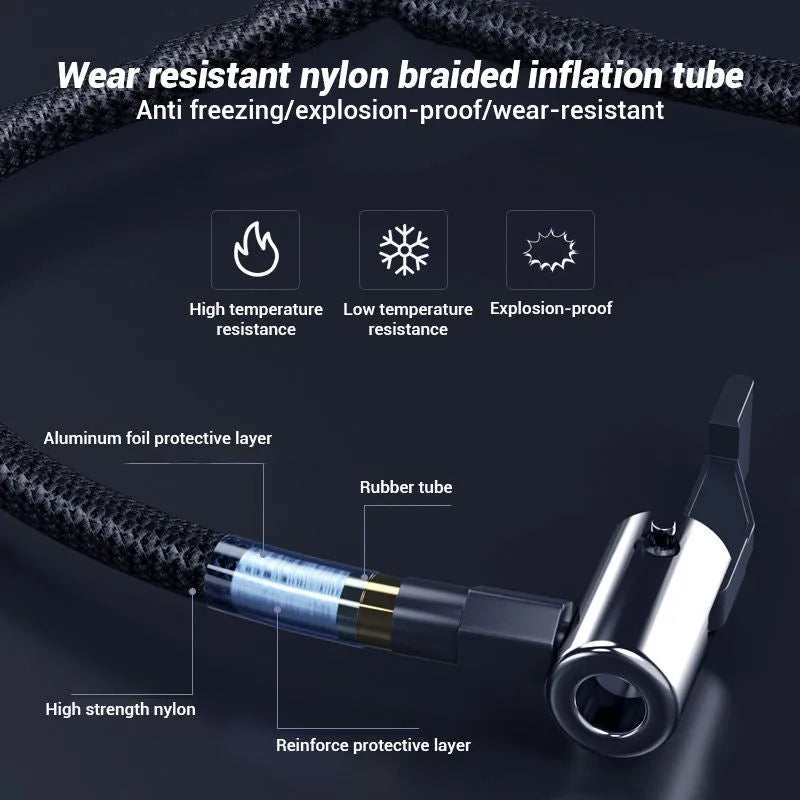 Compact black wireless digital tyre inflator pump with screen, hose, and multiple nozzles on a table