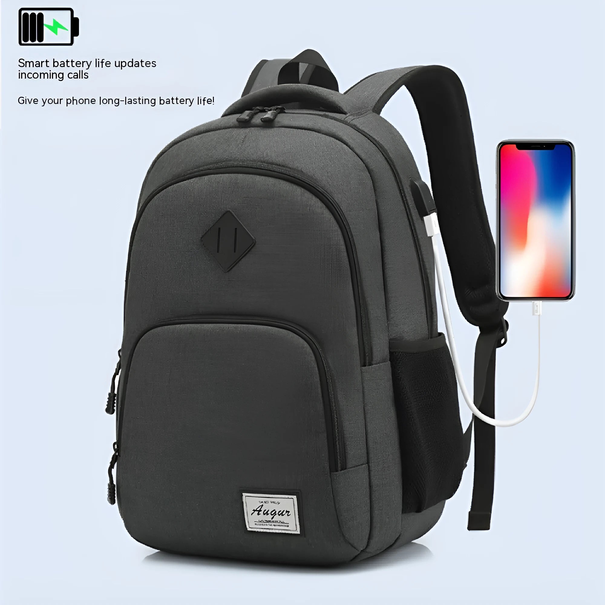 Grey and black lightweight backpack with USB charging port showing 32x15x46cm dimensions.