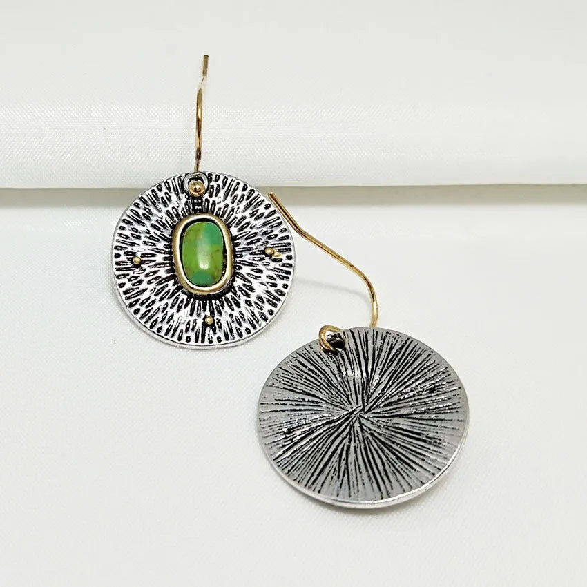 Retro turquoise and antique silver colour separation alloy earrings with electroplated finish