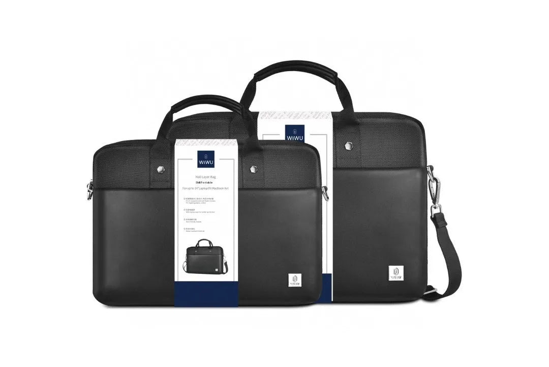 Black Oxford cloth laptop backpack with multiple organisational pockets and a lock, shown with a laptop.