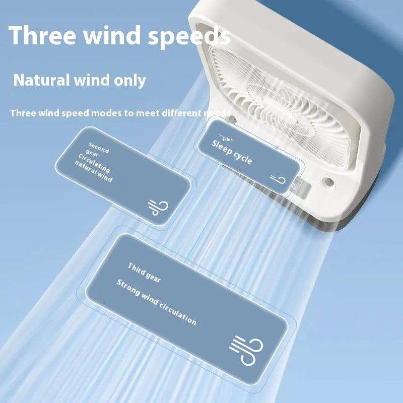 White USB rechargeable portable air cooler fan with adjustable head and water tank.
