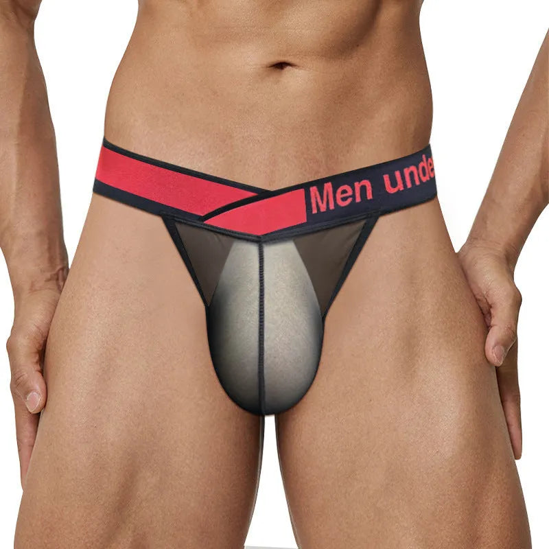 Men's solid colour ice silk nylon briefs showing low waist and large V gradient design.