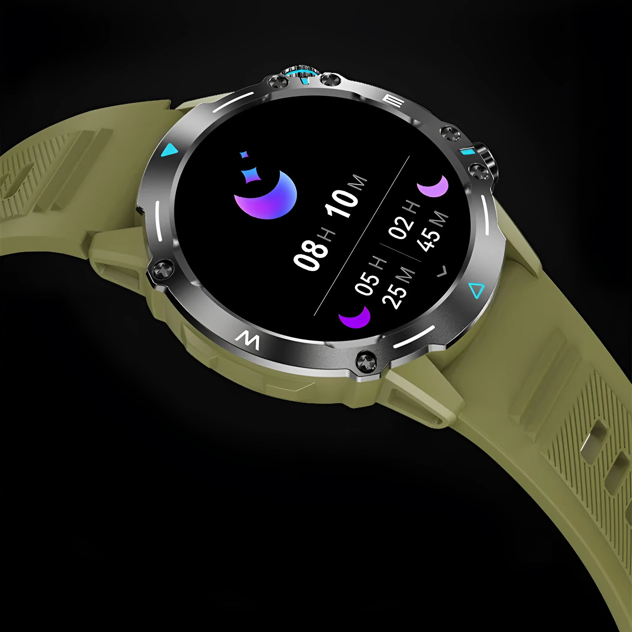 M42 smart watch in black on a wrist, showing the large AMOLED screen displaying fitness metrics