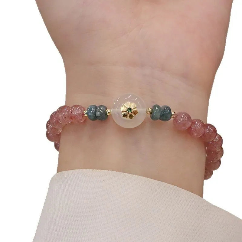 Strawberry quartz and blue water emerald bracelet with round jade pendant in new Chinese style