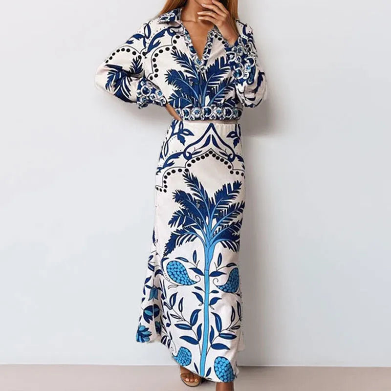 Women's early spring flower print casual two-piece set with long sleeves and long skirt