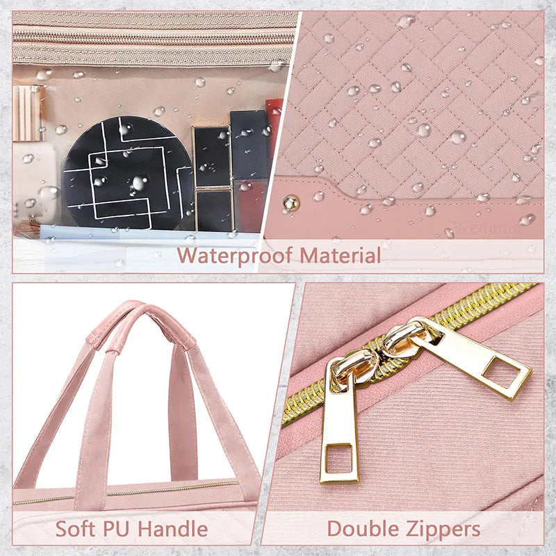 Pink and black waterproof hanging cosmetic storage bag with dimensions 30.5cm by 11cm by 22.9cm