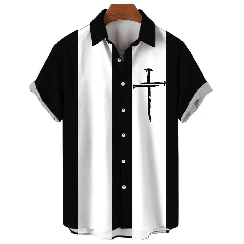 Men's short sleeve striped Hawaiian shirt with cardigan style collar on a mannequin.