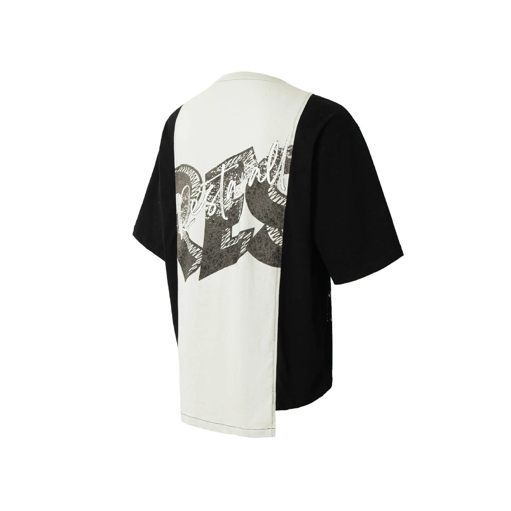 Black and white broken collage print cotton blend t-shirt with short sleeves and loose fit