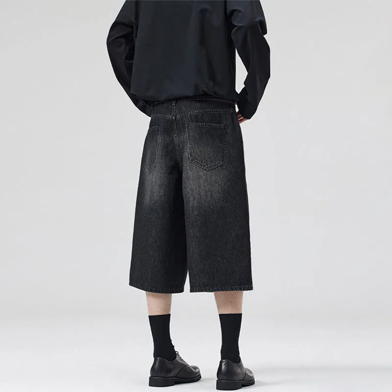 Men's loose straight leg denim summer shorts in cropped length showing light blue colour option